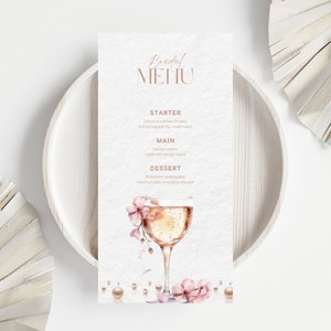 Szablon menu na wieczór panieński, Perły i Prosecco menu na wieczór panieński, Karta menu na wieczór panieński, Szablon karty menu, Menu ślubne Prosecco