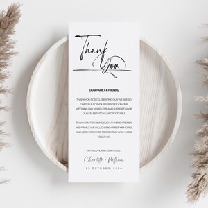 Plantilla de tarjeta de agradecimiento editable para la mesa de la boda, carta de agradecimiento minimalista para la mesa de la boda, nota para servilleta de boda, carta de agradecimiento por la configuración de los lugares