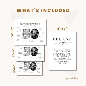 May include: A set of white printed signs for a birthday celebration. The signs include a guest book, with the text "Happy Birthday Thom!" and photos, and a sign that says "Please Sign". The guest book sizes are 8"x10", 11"x14", and 16"x20".