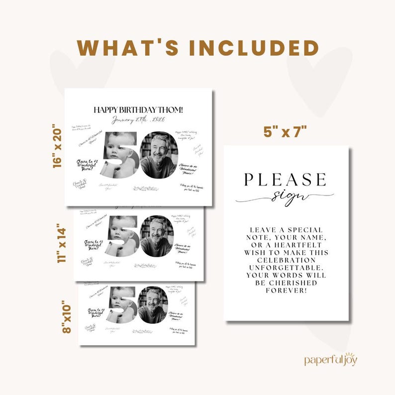 May include: A set of white printed signs for a birthday celebration. The signs include a guest book, with the text "Happy Birthday Thom!" and photos, and a sign that says "Please Sign". The guest book sizes are 8"x10", 11"x14", and 16"x20".