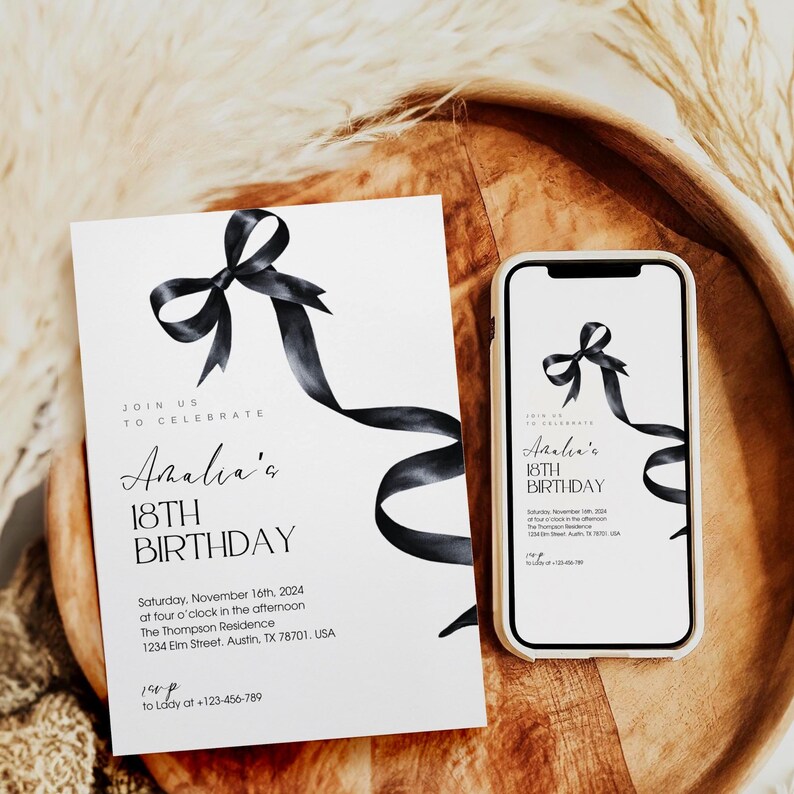 Editable Black Bow Birthday Invitation. Pastel Black Bow Elegant 30th
Birthday Invite, 40th birthday, Watercolor Black Ribbon, Coquette Invite Any Age