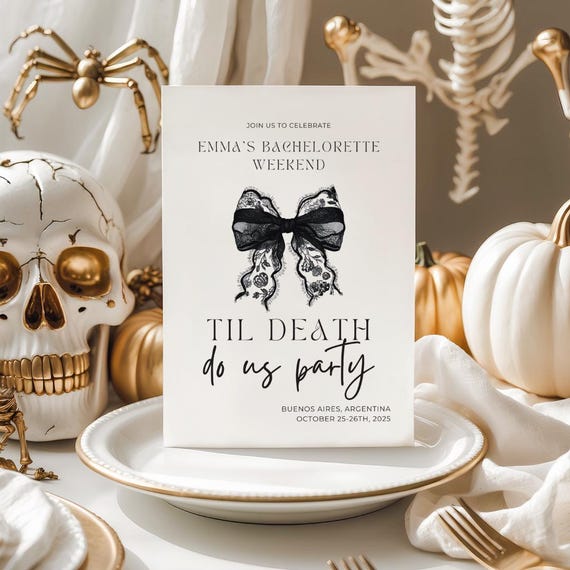 Til Death Do Us Party Bachelorette Itinerary Template Editable Gothic Black Bow Invite Coquette Halloween Bach Party Spooky Instant Download