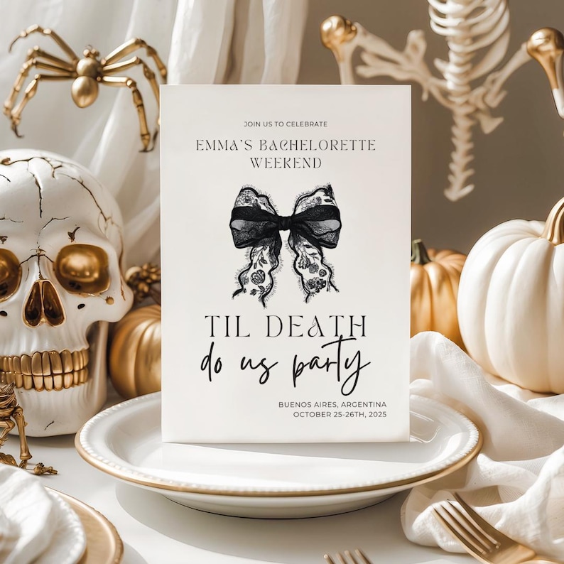 Modèle d'itinéraire Til Death Do Us Party EVJF, Modifiable, noeud noir gothique Inviter une coquette Halloween Bach Party effrayant Téléchargement immédiat image 1