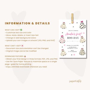 May include: A Halloween-themed invitation with ghost illustrations and the text "Amalin's first BOO-DAY." The invitation features pink accents, stars, and event details. The design is attached to a wooden clip.
