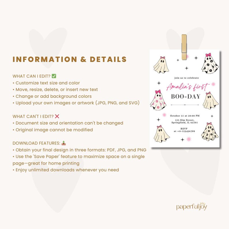 May include: A Halloween-themed invitation with ghost illustrations and the text "Amalin's first BOO-DAY." The invitation features pink accents, stars, and event details. The design is attached to a wooden clip.