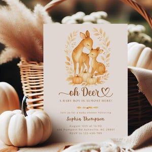 Oh Deer Baby Shower Invitation Template Neutral Gender Woodland Deer Theme He’s Almost Here Editable Baby Invite Forest Baby Shower Design