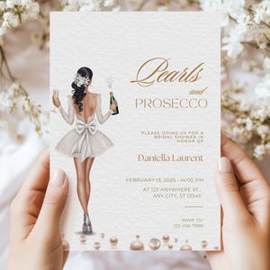 Invitaciones editables para despedida de soltera con perlas y prosecco, elegante invitación para despedida de soltera con perlas y prosecco, plantilla con copa de champán y perlas