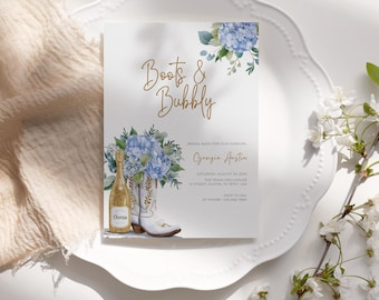 Boots And Bubbly Bridal Shower Invite, Editable Blue Floral Boots Invitation, Western Theme, Digital Rustic Country Bridal Shower, Printable
