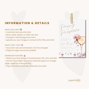 May include: A printable invitation for a bridal shower with a watercolor illustration of a glass of champagne with pink flowers and pearls. The text on the invitation reads "Pearls & Prosecco" and "Please join us for a bridal shower in honor of Julia Thompson".