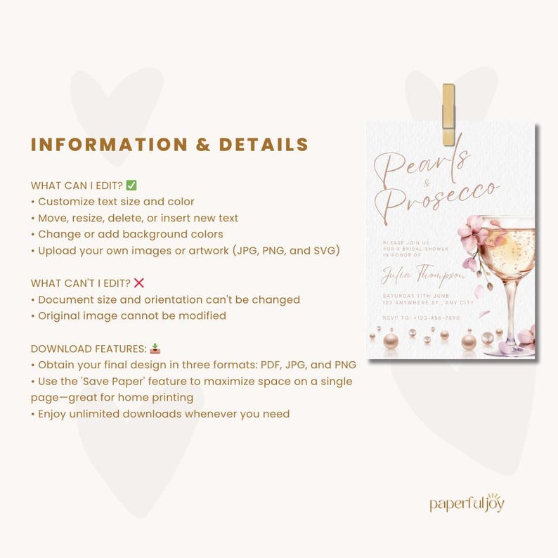 May include: A printable invitation for a bridal shower with a watercolor illustration of a glass of champagne with pink flowers and pearls. The text on the invitation reads "Pearls & Prosecco" and "Please join us for a bridal shower in honor of Julia Thompson".