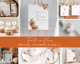 Editable Fall in Love Bridal Shower Invite Bundle, Fall Bridal Shower Invitation Bundle Printable, Boho Fall Pumpkin Bridal Shower Bundle