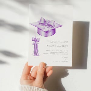 Modelo de convite para festa de formatura editável, convite de formatura com laço roxo, turma de 2025, convite de formatura lavanda
