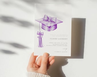 Editable Graduation Party Invitation Template, Coquette Bow Purple Graduation Invitation, Class of 2026, Lavender Graduation Invitation