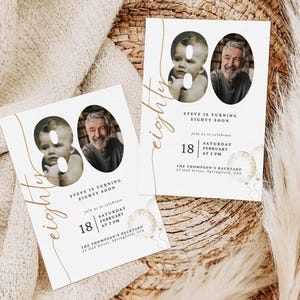 May include: A white invitation card with gold lettering and a photo of a man and a young boy. The card says "Steve is turning eighty soon" and includes details for a birthday party on Saturday, February 18th at 3 PM. The party is at The Thompson's Backyard, 21 Oak Street, Springfield, USA.