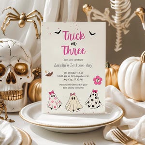 Halloween Third Birthday Invitation Trick or Three Coquette Cute Ghost 3rd Birthday Party Invite Fall Halloween Birthday for Girl Template