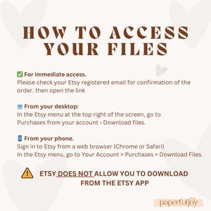 Pu&ograve; includere: Uno sfondo bianco con testo marrone che spiega come accedere ai tuoi file digitali dopo aver acquistato su Etsy. Il testo include istruzioni per accedere ai file da un computer desktop e da un telefono cellulare. &Egrave; inclusa un'icona di avviso con un punto esclamativo, che indica che Etsy non consente i download dall'app Etsy.