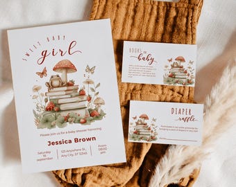 Boho Mushroom Fall Baby Shower Invitation Set, Wildflower Frog & Mushroom, Storybook Shower Bundle, Printable Enchanted Forest Woodland