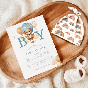 Bewerkbare teddybeer babyshower uitnodiging, teddybeer luchtballon babyshower uitnodiging, jongen blauwe teddybeer babyshower uitnodiging