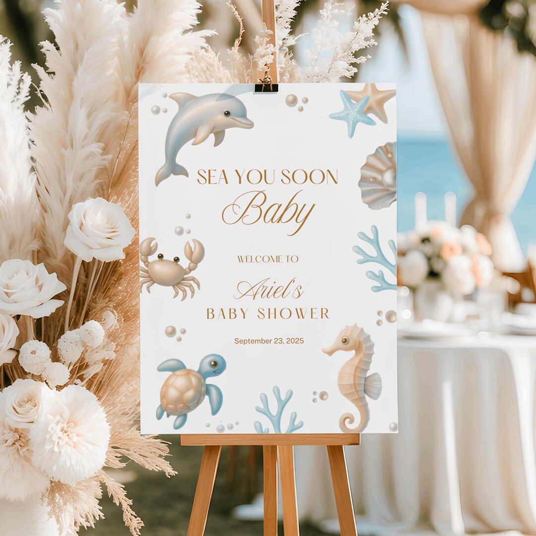 Sea You Soon Baby Shower Welcome Sign, Editable Coastal Seashell ...