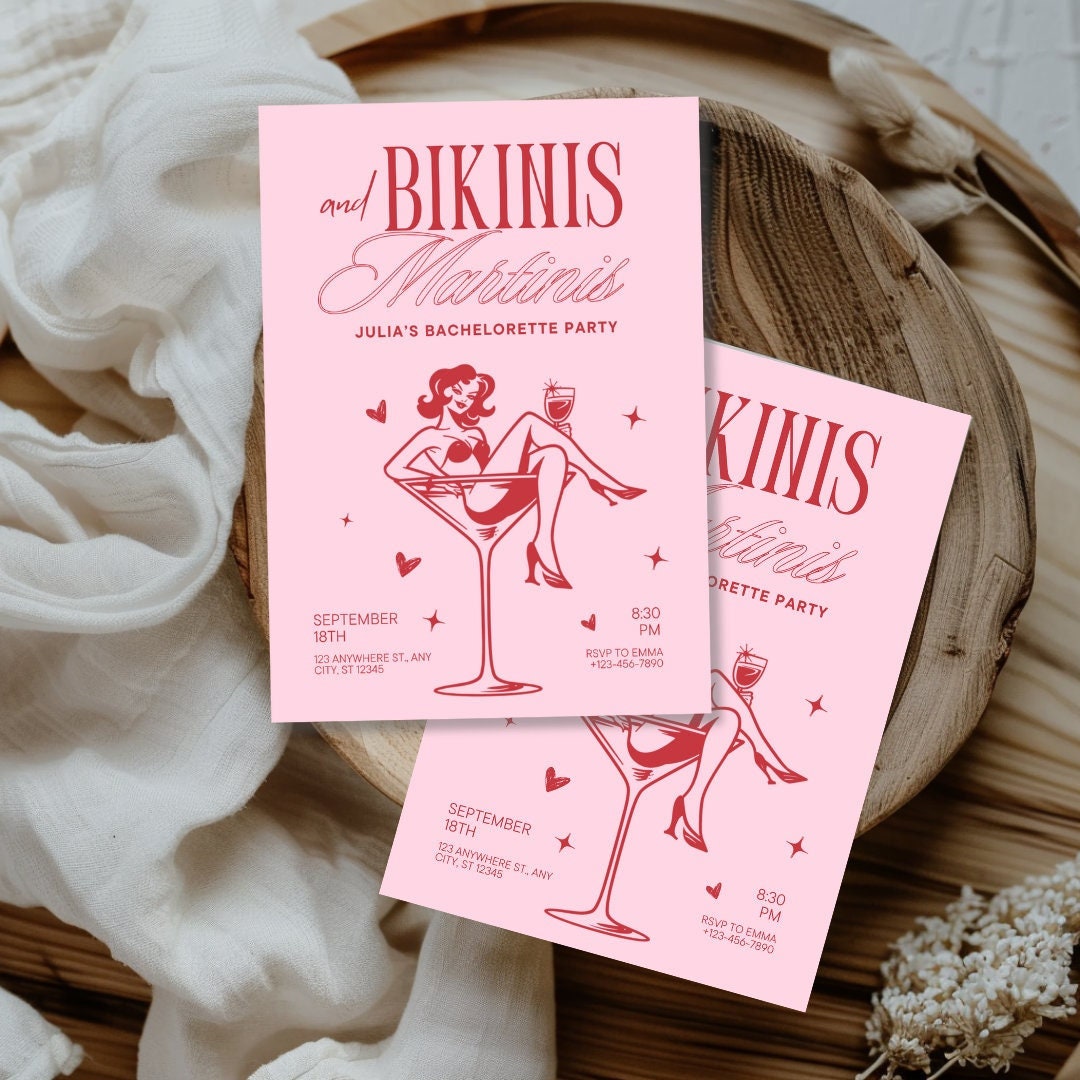 Editable Martinis and Bikinis Bachelorette Party Invitation, Bikinis and Martinis Bachelorette