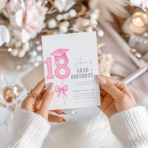 Graduierung und 18. Geburtstag einladen bearbeitbare Coquette Pink Bow Vorlage Gemeinsame Feier Printable Party Einladung Sofort-Download-Mädchen