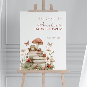 Cartelli modificabili di benvenuto per baby shower Fungo, cartello di benvenuto con libro di fiabe, cartello di benvenuto per baby shower Fungo della foresta, cartello magico incantato