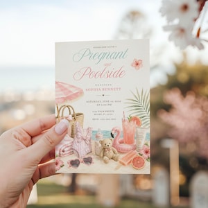 Invitación para baby shower junto a la piscina, invitación para fiesta de bienvenida del bebé en la piscina, temática de playa veraniega, plantilla editable de Canva