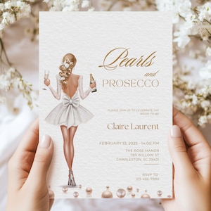 Invitación a la despedida de soltera con pétalos, perlas y prosecco, invitaciones para despedida de soltera con perlas y prosecco, invitación a la despedida de soltera con perlas y prosecco