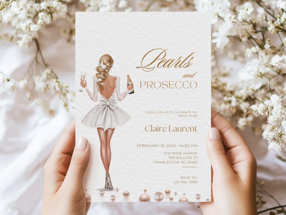 Petals Pearls and Prosecco Bridal Shower Invite, Bridal Shower Invitations With Pearls and Prosecco, Pearls and Prosecco Bridal Shower Invit
