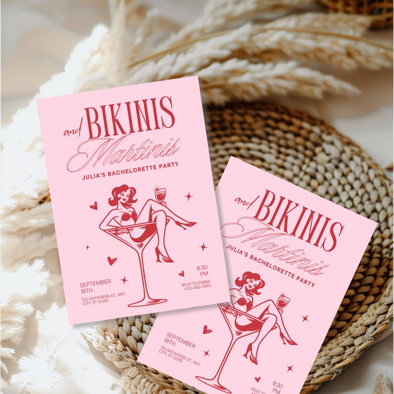 Editable Martinis and Bikinis Bachelorette Party Invitation, Bikinis and Martinis Bachelorette