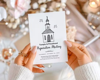 May include: A white card with a black and white illustration of a church building. The text on the card reads "Temple & Priesthood Preparation Meeting" and includes the date "Saturday, October 15, 2022".