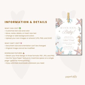May include: A baby shower invitation with a seashell and seahorse theme. The invitation features the text "Sea You Soon, Baby!" and includes details for the event. The design incorporates pastel colors and decorative elements.