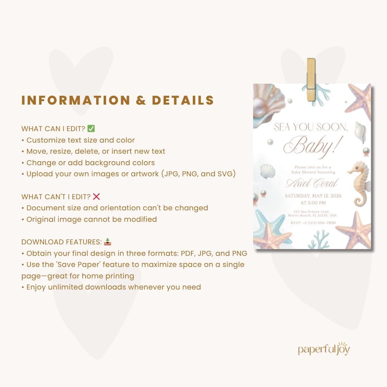 May include: A baby shower invitation with a seashell and seahorse theme. The invitation features the text "Sea You Soon, Baby!" and includes details for the event. The design incorporates pastel colors and decorative elements.