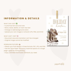 May include: A cream-colored invitation with the text "HOLIDAY hoedown" and illustrations of cowboy boots, a hat, and gifts. The invitation includes details about the event and the host's name. The image also includes information about editing and downloading the invitation.