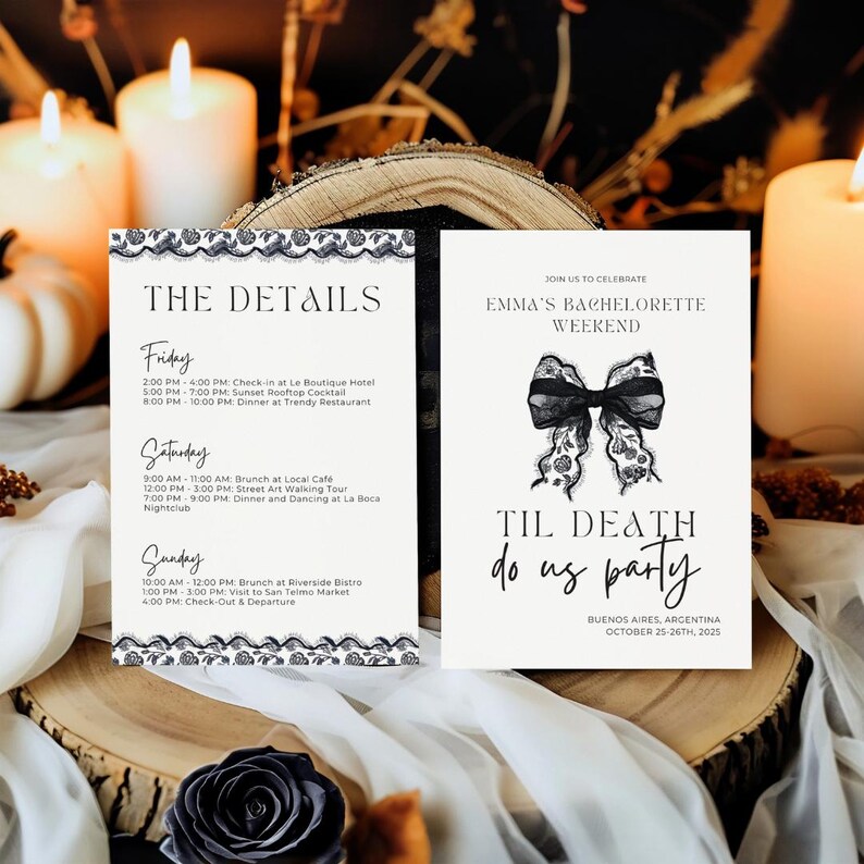 Modèle d'itinéraire Til Death Do Us Party EVJF, Modifiable, noeud noir gothique Inviter une coquette Halloween Bach Party effrayant Téléchargement immédiat image 3