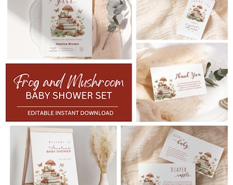 Editable Mushroom Baby Shower Invite Set Template, Mushroom Wildflower Baby Shower Invite, Cottage Core Mushroom Baby Shower Bundle