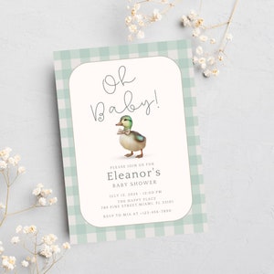 Editable Invitation,Printable Baby Card,Baby Shower Invite,Mallard Duck Invite,Mallard Duck Shower,Mallard Baby Shower,Instant Download,Baby Shower Template,Boy Shower Invite,Gingham Bow Mallard,Boy Mallard Shower,Green Gingham Duck,Green Boy Shower