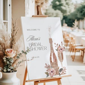 Pop the Champagne Bridal Shower Welcome Sign | Bubbles and Brew Sign Template | Champagne Bottle Party Poster | She's Changing Her Last Name