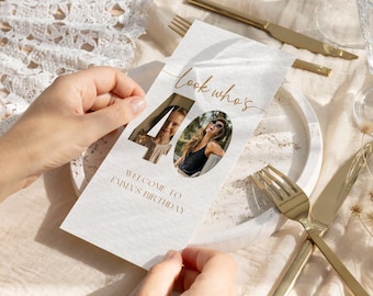 Editable 40th Birthday Menu Card Template, Look Who's 40 Birthday Menu Invitation, 40th Birthday Dinner Menu, Personalized Menu with Photo