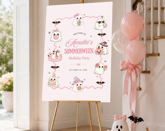 Summerween Birthday Welcome Sign, Pink Ghost Coquette Halloween Party Decor, Editable Canva Template