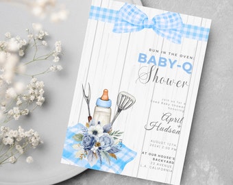 Zaproszenie na Baby-Q Shower w kolorze Baby Blue Gingham, Baby Boy Shower w piekarniku, Zaproszenie na Baby Shower dla par BBQ, Zaproszenie na Baby Shower dla chłopców
