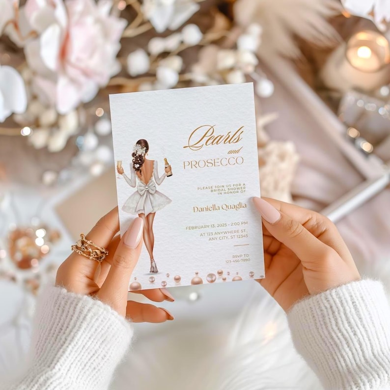 Pearls And Prosecco Bridal Shower Invite, Pearls & Prosecco Bridal Baby Wedding Shower, Cocktail Pearls Bridal Shower, Champagne Shower image 1