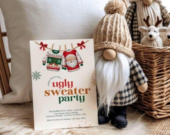 May include: An invitation for an "Ugly Sweater Party" with a festive design featuring two sweaters hanging on a clothesline. A gnome with a long white beard and a knitted hat is in the foreground. A basket with reindeer figurines is in the background.