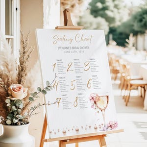 Modèle de plan de table pour perles et prosecco | Panneau de douche nuptiale modifiable | Trouvez votre place | Plan de salle à manger 8 tables |  Décoration de mariage | Toile