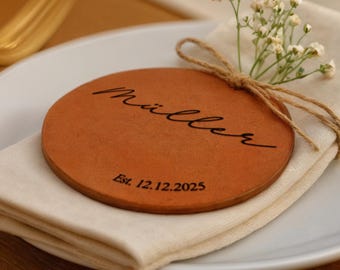 Leather Coasters Wedding Favors, Bulk Custom Engraved Rustic Party Gift for Guest