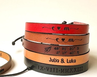 Personalisierte Lederarmband für Paar Jahrestag Geschenk, individuell einstellbare dünne gravierte Ledermanschette passend für sein und ihr Armband