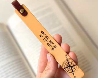 Personalized Leather Bookmark 3rd Anniversary: Custom Coordinates Compass Gift  First Date Location