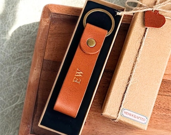 Custom Leather Keychain Embossed Initials, Personalized Name Monogram Key Holder Handmade