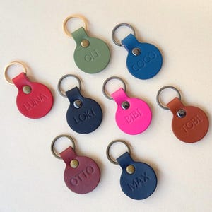 Può includere: Una collezione di portachiavi personalizzati in pelle in vari colori, tra cui rosso, verde e blu. Ogni portachiavi ha una forma circolare con un anello di metallo e un nome impresso. I nomi sono: LUNA, OLI, COCO, LOKI, BIBI, TOBI, OTTO e MAX.