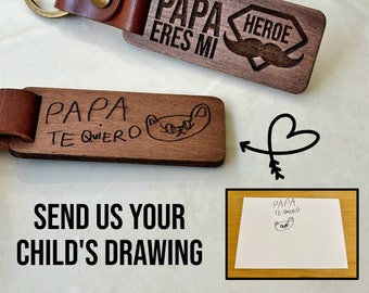 Llavero de madera personalizado con dibujo infantil, regalo de escritura personalizado, regalo único del Día del Padre para el abuelo o regalo de cumpleaños de los niños.